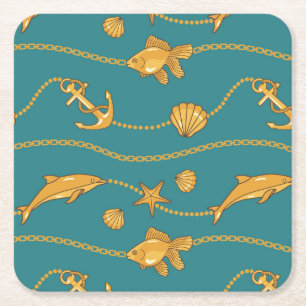 Gold Nautical Pattern Square Paper Coaster