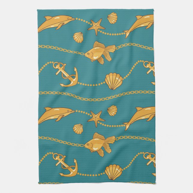 Gold Nautical Pattern Tea Towel (Vertical)