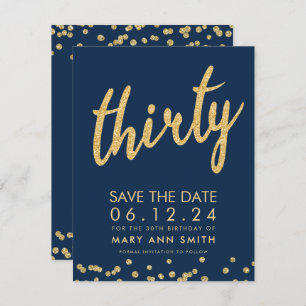 Gold Navy 30th Birthday Save Date Confetti Invitation