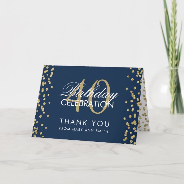 Gold Navy 40th Birthday Thank you Glitter Confetti Card (Front)