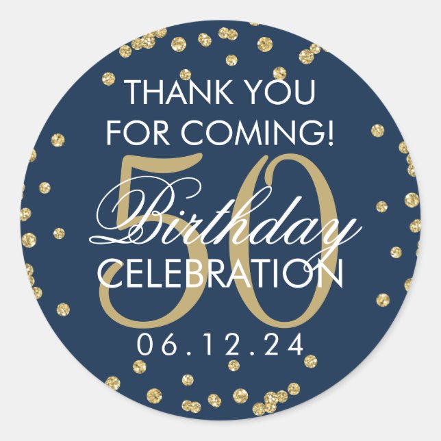 Gold Navy 50th Birthday Thank You Glitter Confetti Classic Round Sticker (Front)