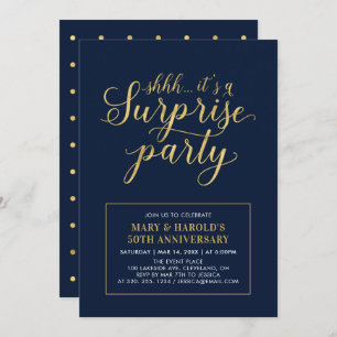 Gold & Navy 50th Surprise Wedding Anniversary Invitation