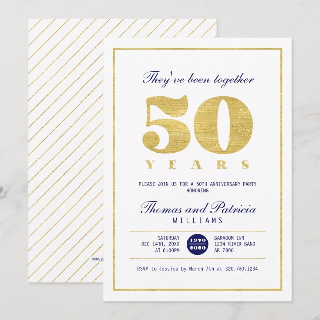 Gold & Navy 50th Wedding Anniversary Invitation (Front/Back)