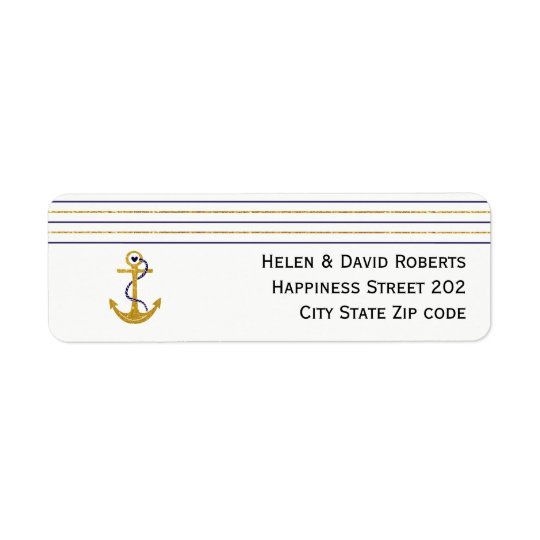 Gold, navy anchor and stripes nautical wedding return address label