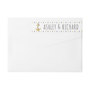 Gold, navy anchor stripes modern nautical wedding wrap around label