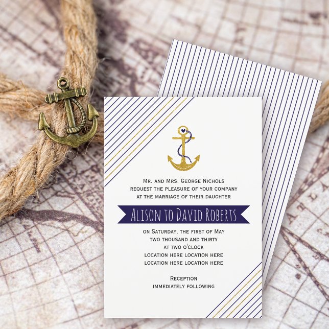 Gold, navy anchor, stripes nautical beach wedding invitation (Creator Uploaded)