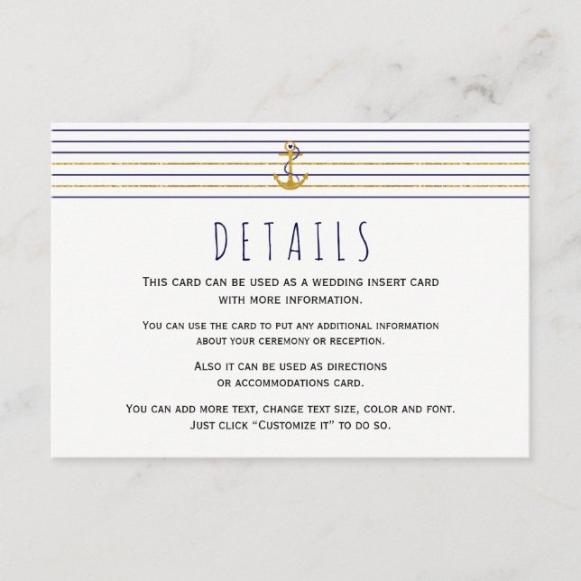 Gold navy anchor stripes nautical wedding enclosure card (Front)