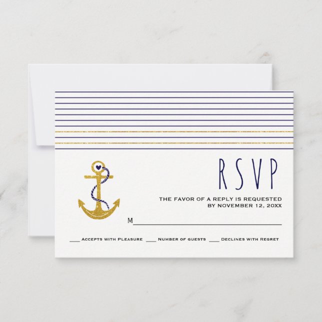 Gold, navy anchor, stripes nautical wedding RSVP (Front)