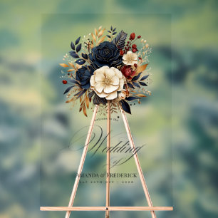 Gold, Navy, and Burgundy Floral Wedding Welcome Acrylic Sign