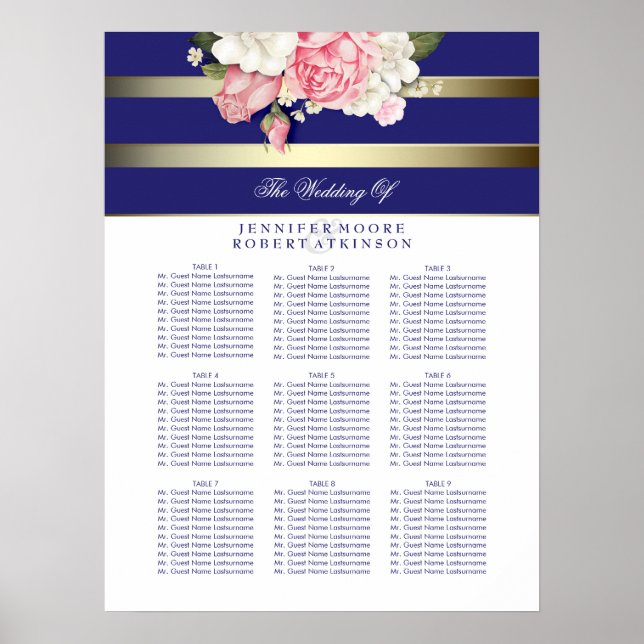 Gold Navy and White Floral Wedding Seating Chart (Front)