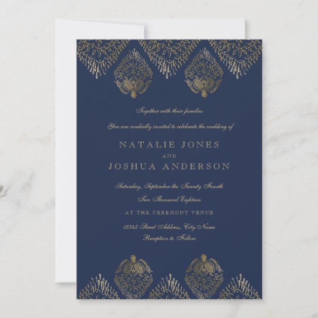 Gold Navy Antique Lace Wedding Invitation (Front)