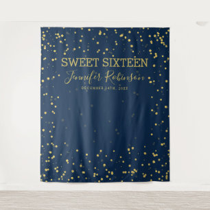 Gold & Navy Backdrop Banner Sweet 16 Glitter Dots Tapestry