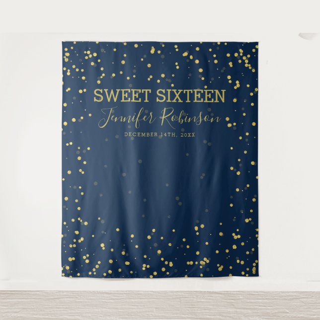 Gold & Navy Backdrop Banner Sweet 16 Glitter Dots Tapestry (Front)