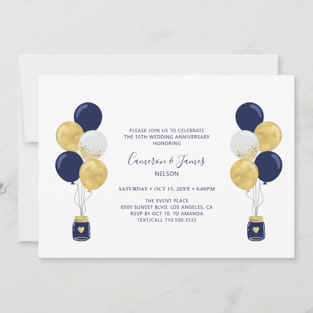 Gold & Navy Balloons 50th Wedding Anniversary Invitation (Front)
