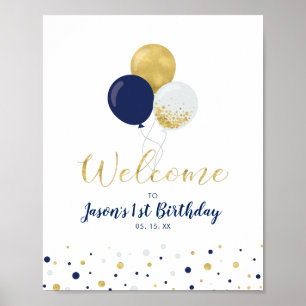 Gold & Navy Balloons Boy 1st Birthday Welcome Poster