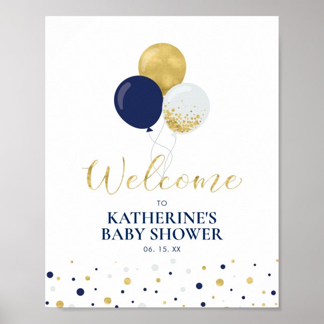 Gold & Navy Balloons | Boy Baby Shower Welcome Poster (Front)