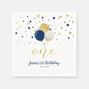Gold & Navy   Balloons, Confetti Boy 1st Birthday Napkin