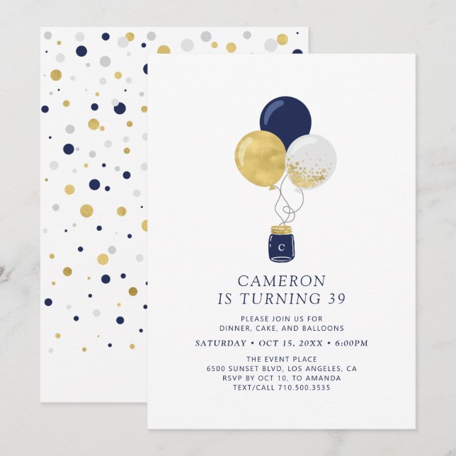 Gold & Navy Balloons Modern Adult Birthday Party Invitation (Front/Back)