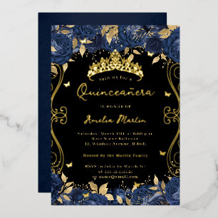Gold Navy Black Swirl Scroll Floral Quinceanera