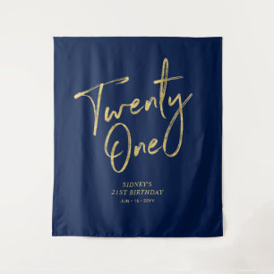 Gold & Navy Blue 21st Birthday Party Backdrop Tapestry
