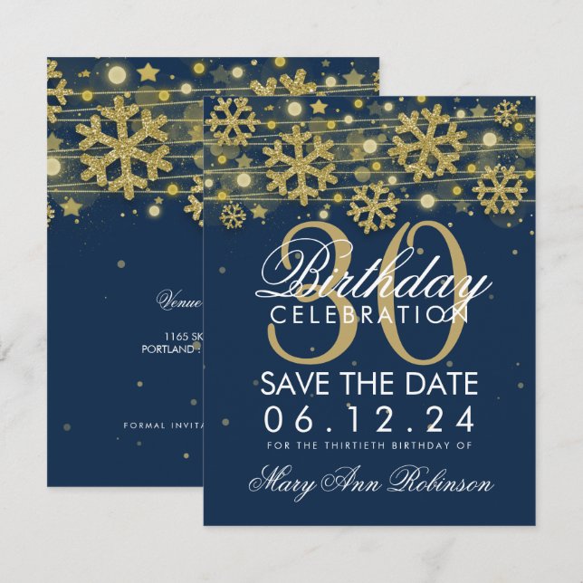 Gold Navy Blue 30th Birthday Save Date Winter Invitation (Front/Back)