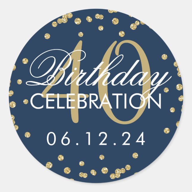 Gold Navy Blue 40th Birthday Glitter Confetti Classic Round Sticker (Front)