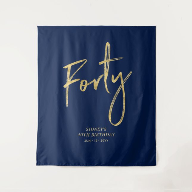 Gold & Navy Blue 40th Birthday Party Backdrop Tapestry (Front)