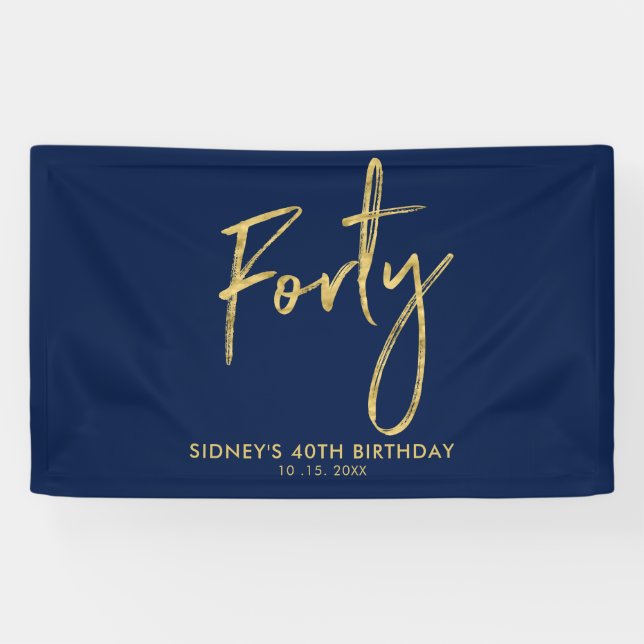 Gold Navy Blue 40th Birthday Party Welcome Banner (Horizontal)