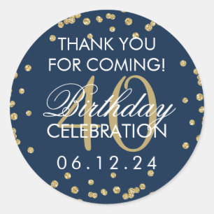Gold Navy Blue 40th Birthday Thank You Confetti Classic Round Sticker