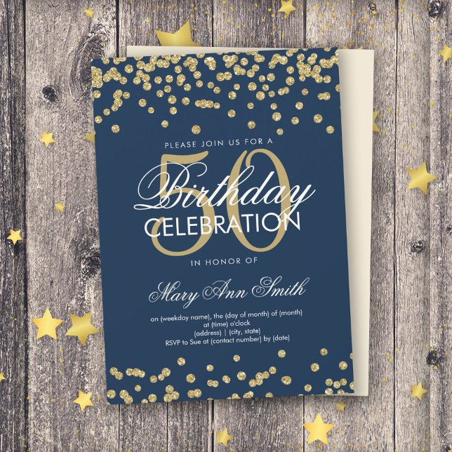 Gold Navy Blue 50th Birthday Glitter Confetti Invitation (Creator Uploaded)