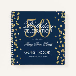 Gold Navy Blue 50th Birthday Guestbook Confetti Notebook