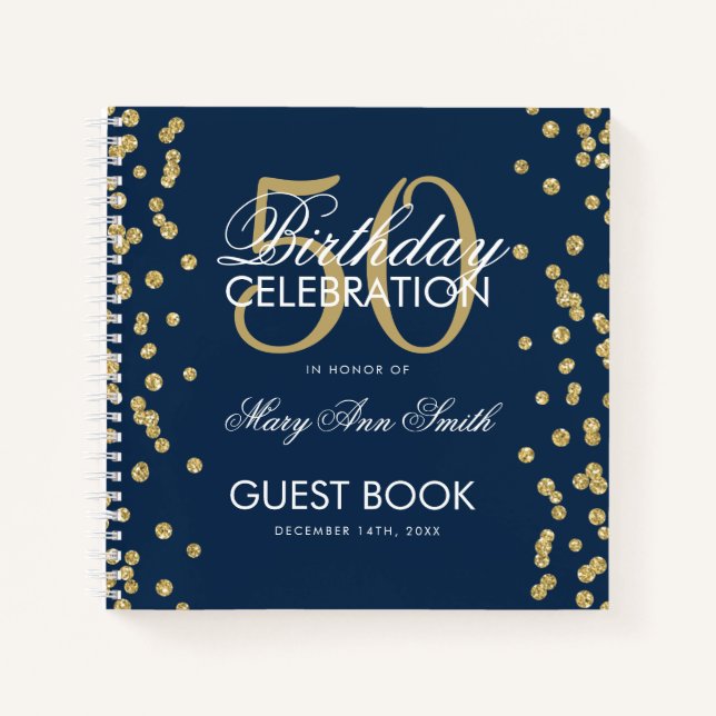 Gold Navy Blue 50th Birthday Guestbook Confetti Notebook (Front)