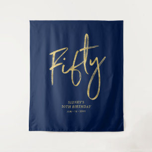 Gold & Navy Blue 50th Birthday Party Backdrop Tapestry