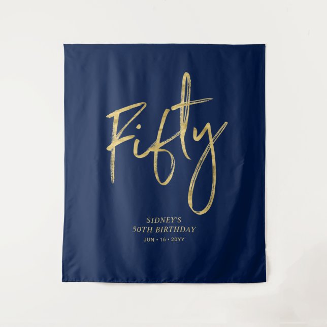 Gold & Navy Blue 50th Birthday Party Backdrop Tapestry (Front)
