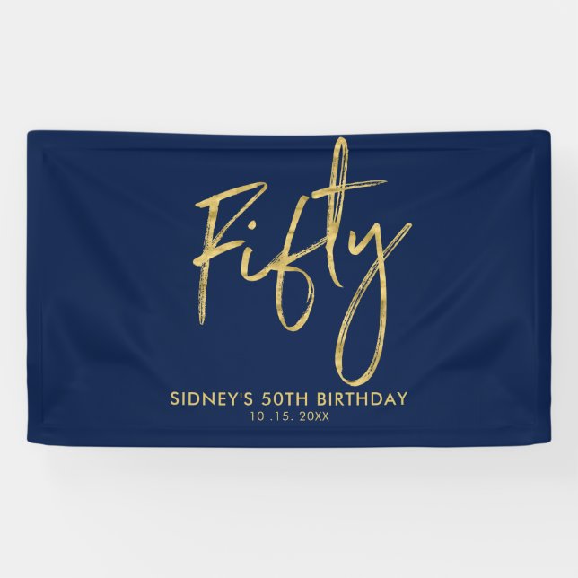 Gold Navy Blue 50th Birthday Party Welcome Banner (Horizontal)