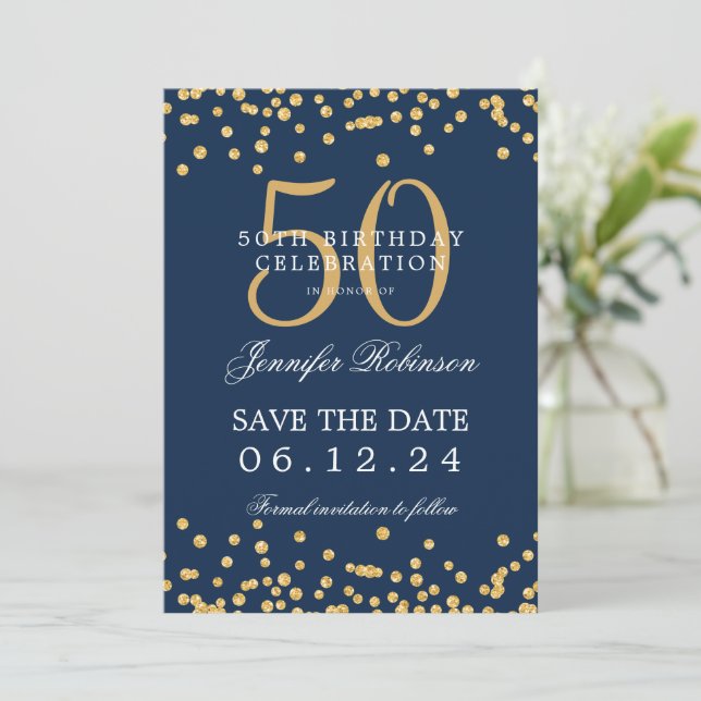 Gold Navy Blue 50th Birthday Save the Date Details Invitation (Standing Front)