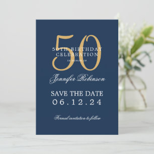 Gold Navy Blue 50th Birthday Save the Date Details Invitation