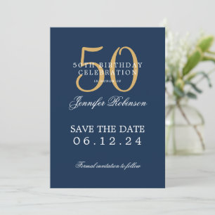 Gold Navy Blue 50th Birthday Save the Date Invitation
