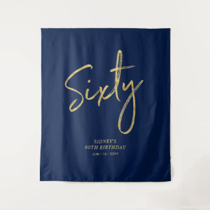 Gold & Navy Blue 60th Birthday Party Backdrop Tapestry