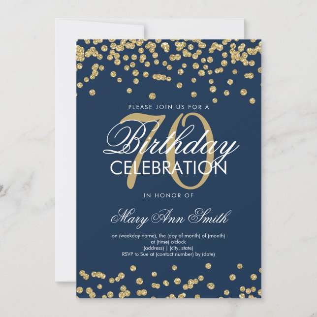Gold Navy Blue 70th Birthday Glitter Confetti Invitation (Front)
