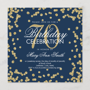 Gold Navy Blue 70th Birthday Glitter Confetti Invitation