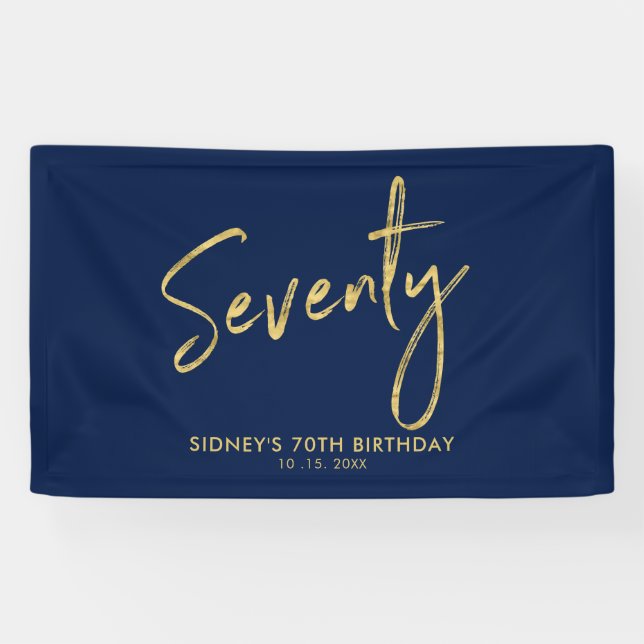 Gold Navy Blue 70th Birthday Party Welcome Banner (Horizontal)