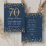 Gold Navy Blue 70th Birthday Save the Date Details Invitation<br><div class="desc">Elegant "70th Birthday Party" design with faux glitter confetti & details text. Easy to use and easy to personalise. Order Today!</div>