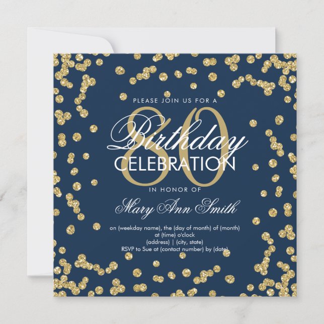Gold Navy Blue 80th Birthday Glitter Confetti Invitation (Front)