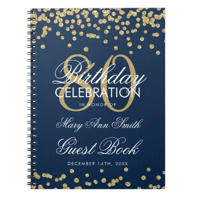 Gold Navy Blue 80th Birthday Guest Book Confetti (Front)