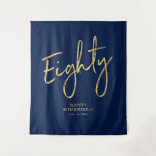 Gold & Navy Blue 80th Birthday Party Backdrop Tapestry