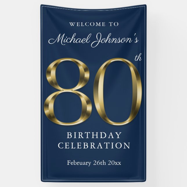 Gold Navy Blue 80th Birthday Party Elegant Welcome Banner (Vertical)