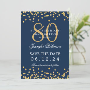 Gold Navy Blue 80th Birthday Save the Date Details Invitation