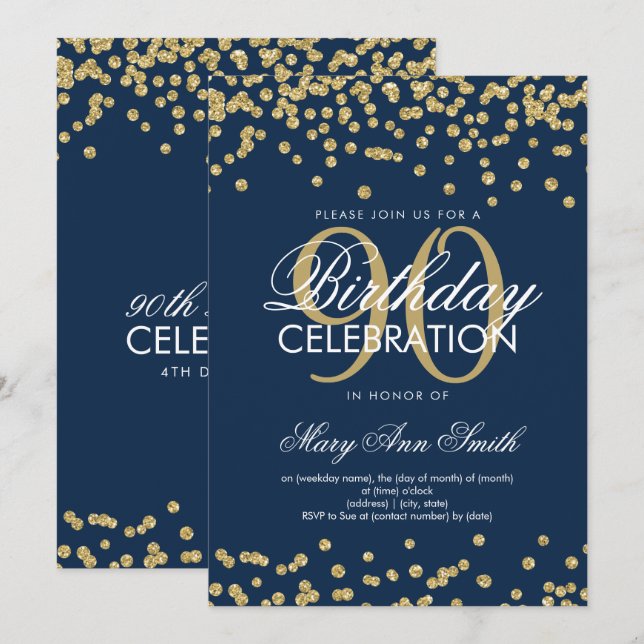 Gold Navy Blue 90th Birthday Glitter Confetti Invitation (Front/Back)
