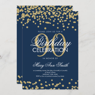 Gold Navy Blue 90th Birthday Glitter Confetti Invitation